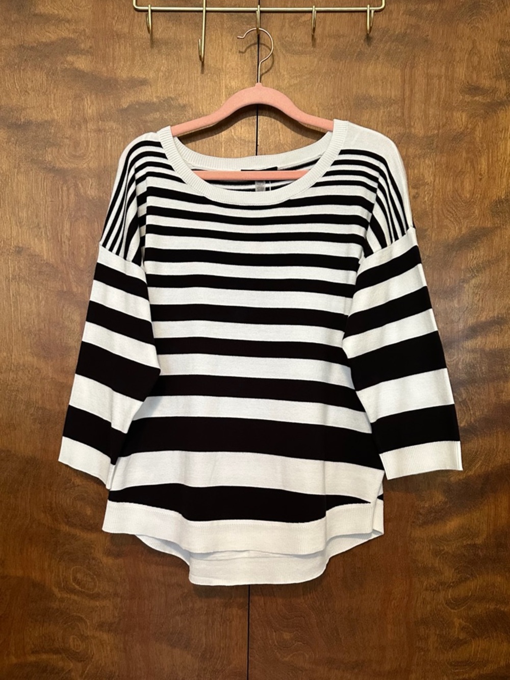 Cable & Gauge 3/4 Sleeve Drop Shoulder Sweater Womens L Black & White Stripes